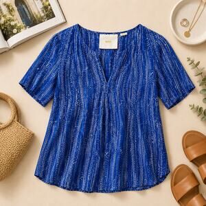 Anthropologie Maeve Blue Print Swing Top Short Sleeve Cotton Size 0
